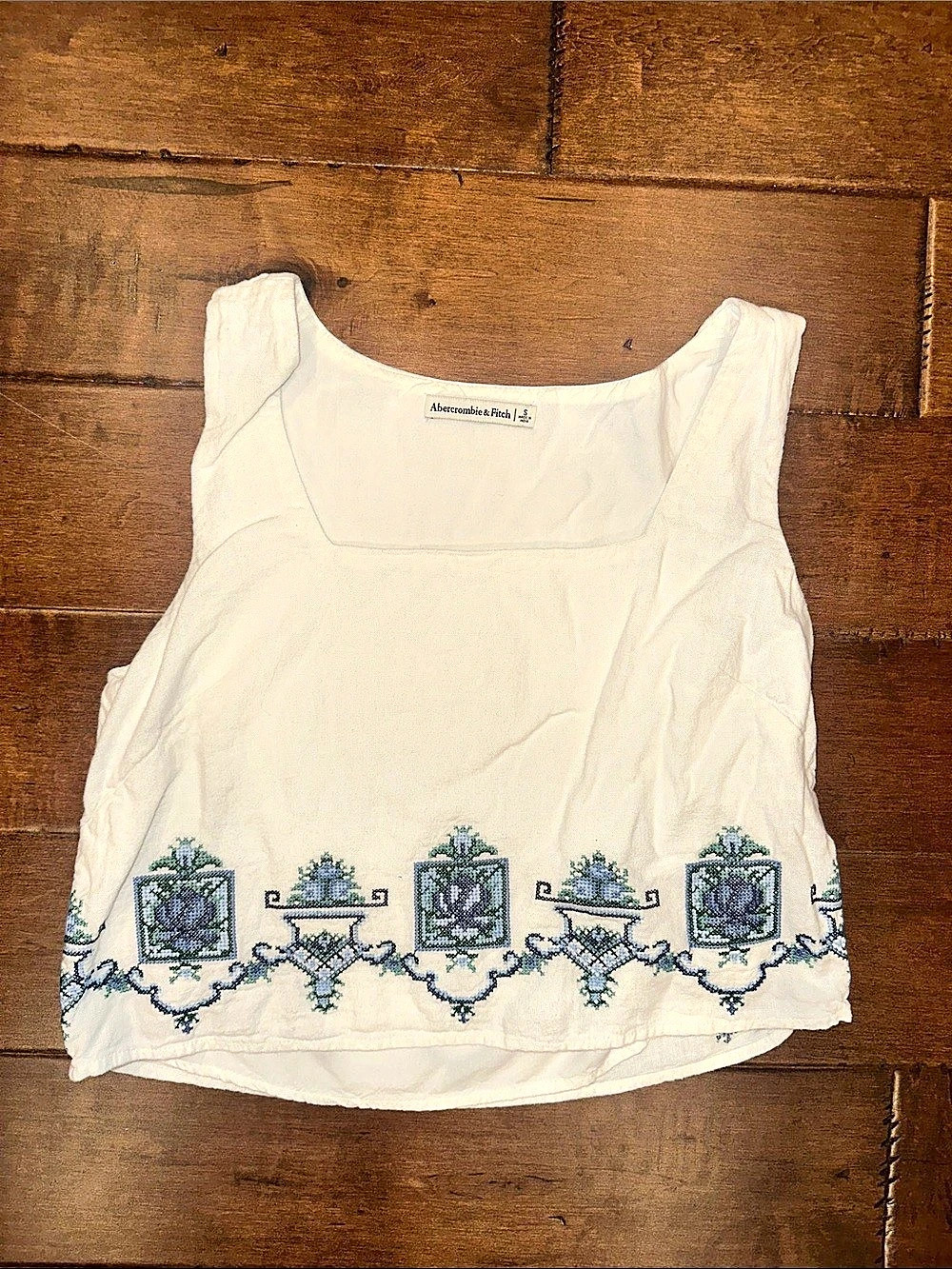 Abercrombie Embroidered Tank Top in Cream & Blue Like New